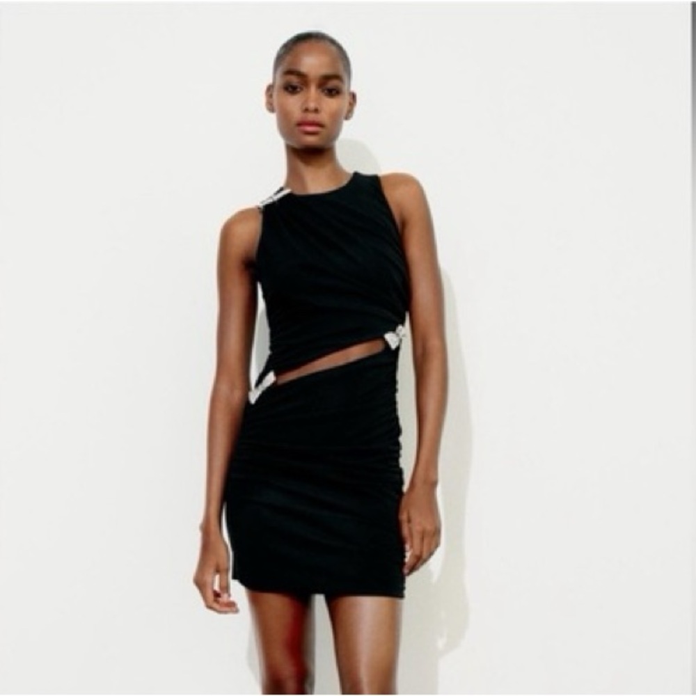 Zara Black Cocktail Dress with dimante bows and cut out